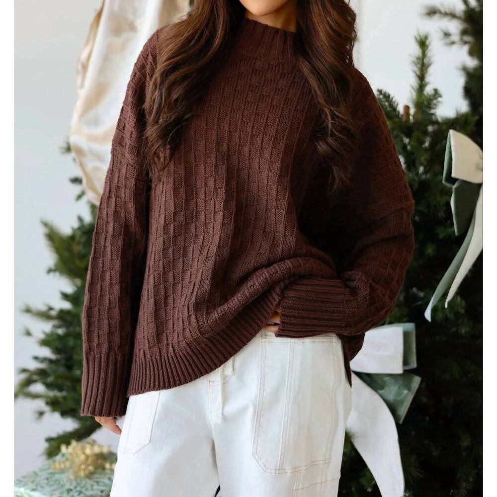 NEW CANDESCENT rowan oversized checkered mock neck cotton sweater in brown
